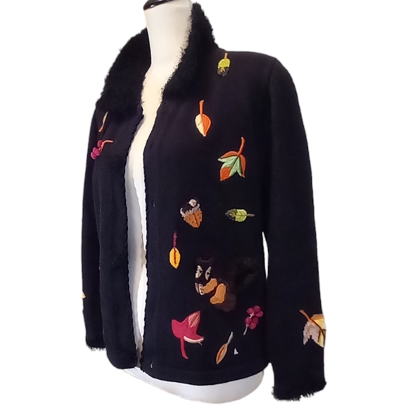 Vintage Fall Autumn Embroidered Beaded Embellished Black Cardigan - Picture 2 of 12